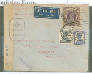 India  1944 A/M India - Lagos - USA. Censored from Calcutta G.P.O.