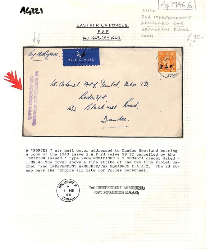 AG221 1946 East Africa Forces Somalia GB Airmail Armoured Car Squadron Cover PTS