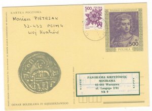 Poland 1992 Used Postal Stationary Postcard Stamp Dukes and Kings of Poland Coin