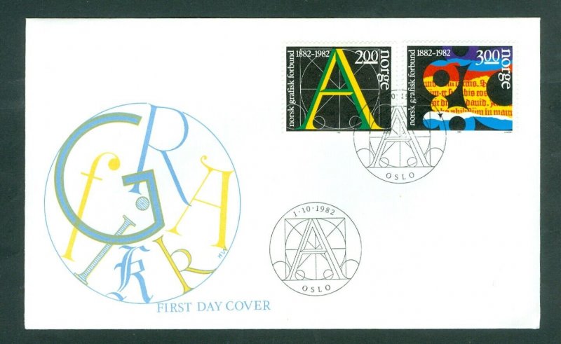 Norway.  1982 FDC  Cachet. Graphical Union 100 Year. Sc. # 812-813.