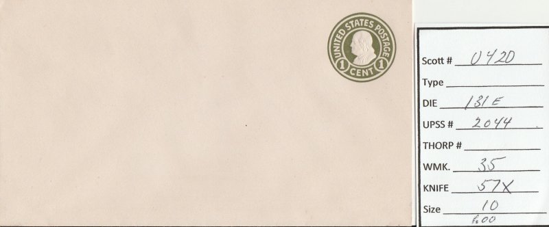 Scott# U420  Die 131  UPSS# 2044 1 US envelope .