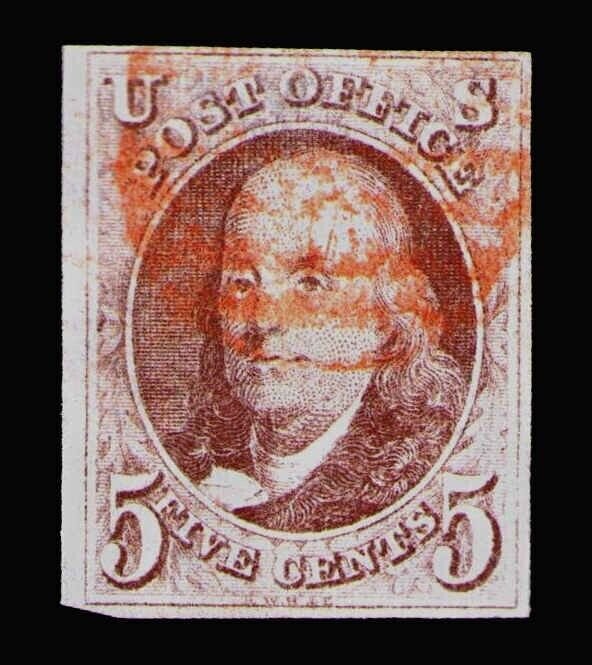 US Scott #1 1847  5c Franklin 4 Nice Margins,  Faint Red Grid Cancel 