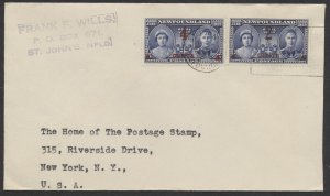 1939 Newfoundland #250-1 Royal Visit Surcharges FDC Stamp Dealer Wills CC Cover