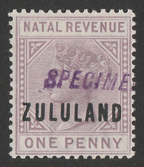 ZULULAND 1891 'ZULULAND' on QV Natal Revenue 1d Postal Fiscal, h/s SPECIMEN.  