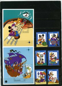 GRENADA 1995 DISNEY MICKEY'S HIGH SEA ADVENTURE SET OF 6 STAMPS & 2 S/S MNH