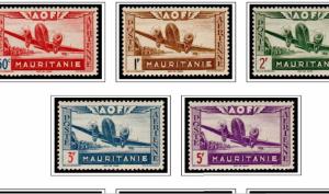 COLOR PRINTED MAURITANIA 1906-1944 STAMP ALBUM PAGES (15 illustrated pages)