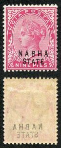 ICS NABHA SG15var 9p Carmine showing overprint offsets on the reverse M/M