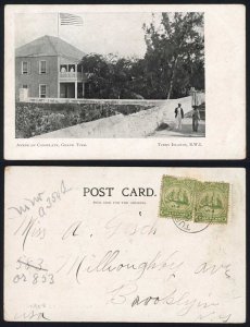 Turks and Caicos 1908 1/2d x 2 (damaged) on Postcard