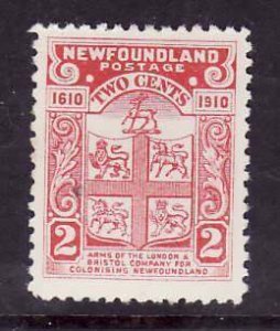 Newfoundland-Sc #88- id 7-unused,og,NH-2c carmine-Coat-of-Arms-1910-