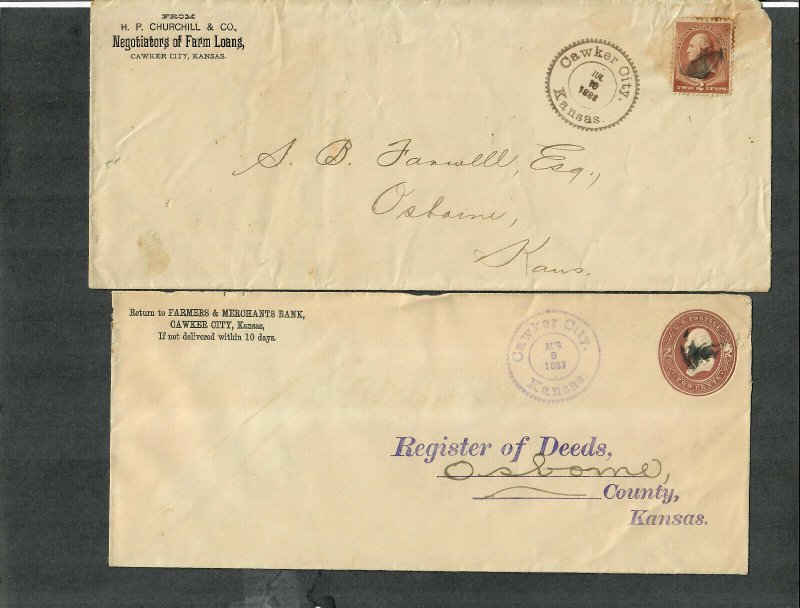 Lawker City Kansas Fancy Tooth Cancels On 2 Covers 1887-1888 