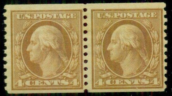 US #495 4¢ orange brown, coil pair, unwmk, p. 10, og, NH, VF, Scott $50.00