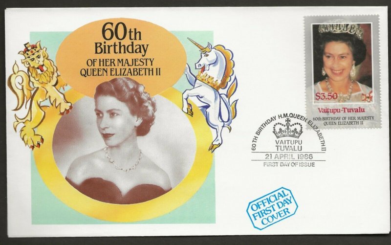 VAITUPU-TUVALU 1986 60TH BIRTHDAY QUEEN ELIZABETH,SET+SOUV/SHEET ON 5 FDC'S