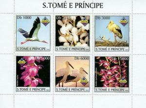 SAO TOME E PRINCIPE 2003 SHEET STORKS BIRDS ORCHIDS FLOWERS st3247