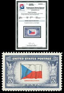 Scott 910 1943 5c Czech. Issue Mint Graded Superb 98 NH with PSE Certificate!