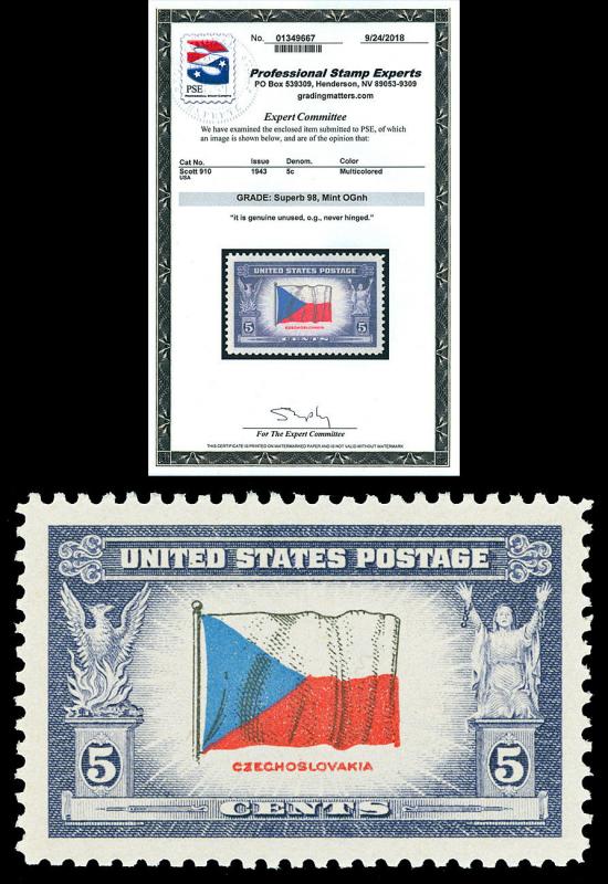 Scott 910 1943 5c Czech. Issue Mint Graded Superb 98 NH with PSE Certificate!