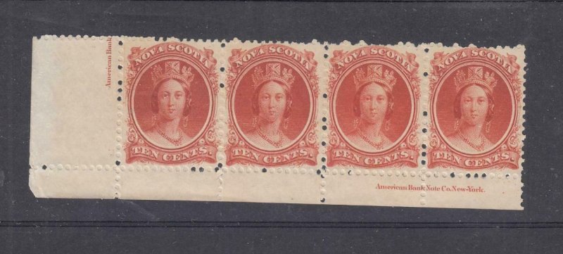 NOVA SCOTIA # 12 VF-MNH INSCRIPTION STRIP OF 4 10cts VERMILLION CAT VAL $160