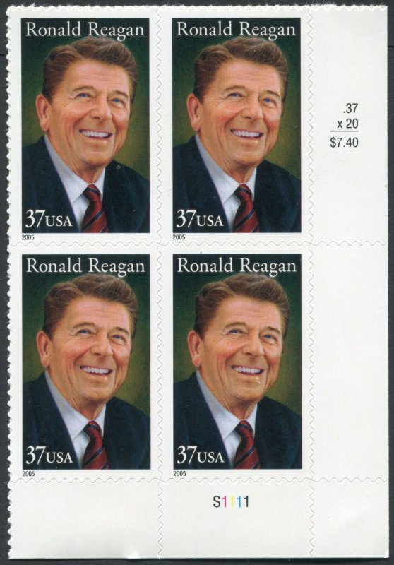 USA #3897 Ronald Reagan Plate Block  (FV  $1.48)