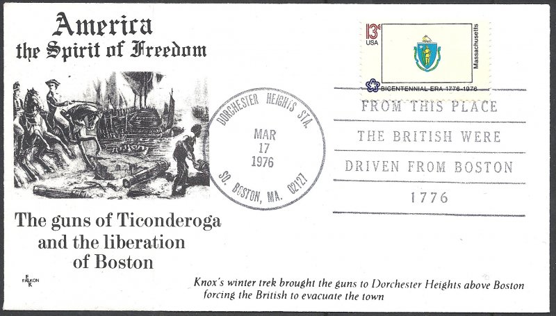 USA - 1976 - US Bicentenary Cover, Liberation of Boston, Scott 1638