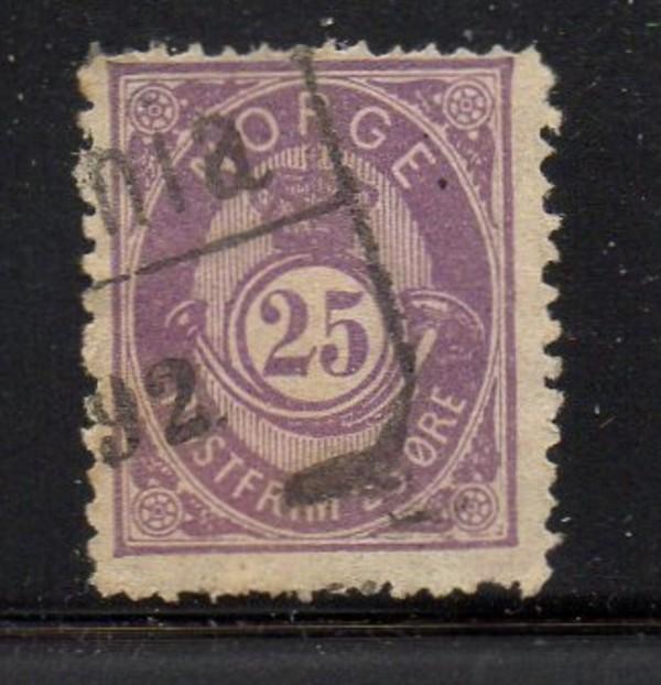 Norway Sc 45 1884 25 ore violet post horn stamp used