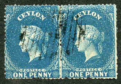 Ceylon SG28 1d Dull Blue Wmk Star Rough Perf 14 to 15.5 PAIR