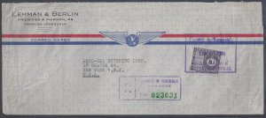 VENEZUELA 1949 REGISTERED AIRMAIL COVER FRANKED B1 FISCAL STAMP TIED CARACAS FED