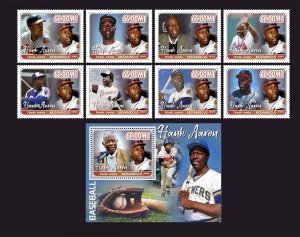 Stamps.Sports Baseball Hank Aaron 2022 year ,8 stamps + block  perforated  NEW