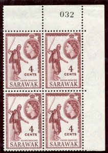 Sarawak 1959 QEII 4c brown-purple in a block of four superb MNH. SG 190a.