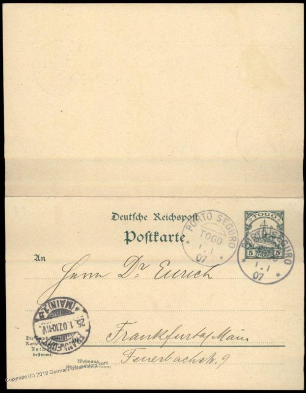 Germany 1907 PORTO SEGURO Togo Postal Stationery Reply Pair  Ganzsachen Co 82298