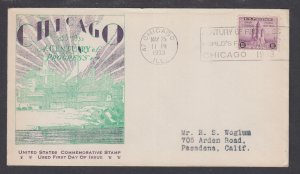 US Planty 729-1 FDC. 1933 3c Century of Progress, Ioor cachet, clean, F-VF