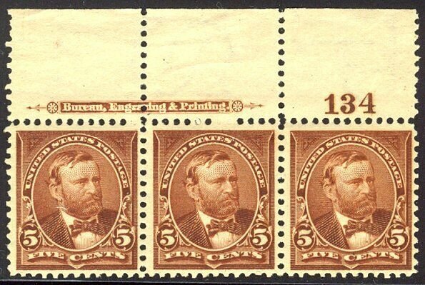 U.S. #270 CHOICE Mint NH Plate Str 3 - 1895 5c Chocolate 