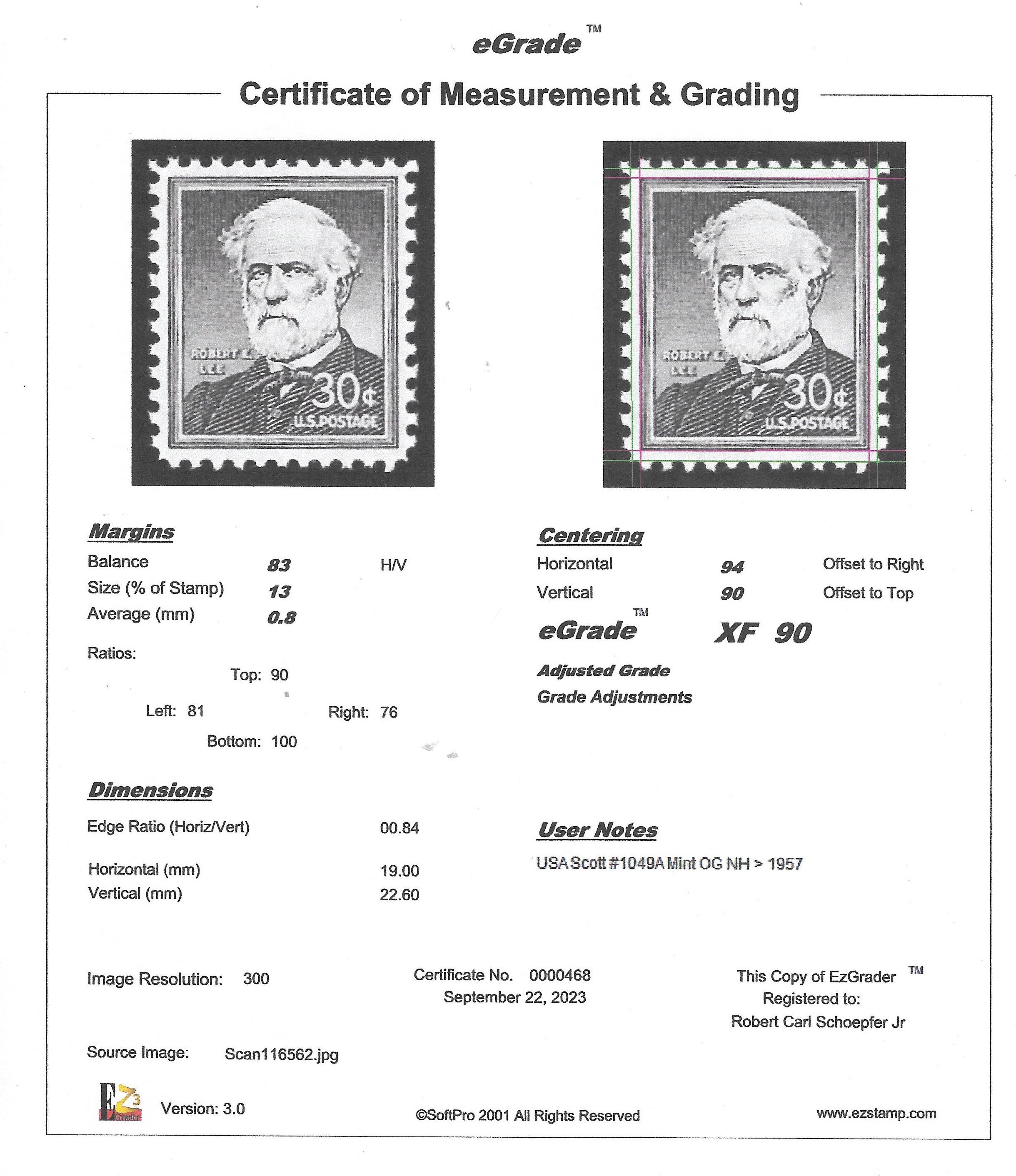 1049A 30 cents 1955 Robert E. Lee Stamp Mint OG NH EGRADED XF 90 XXF
