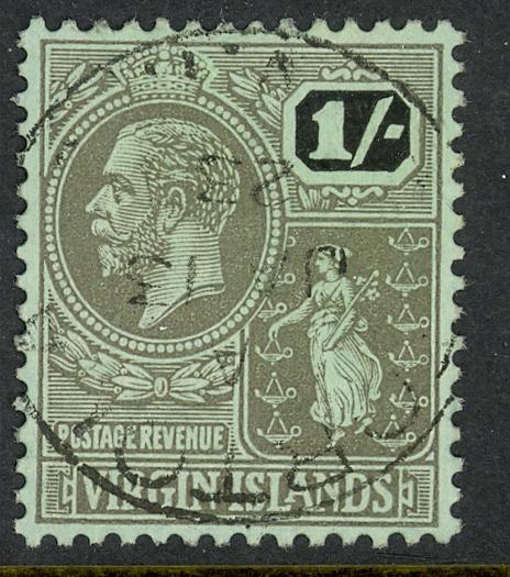 BRITISH VIRGIN ISLANDS 1922 KGV 1sh Black on Emerald COLONY SEAL Issue Sc 50 VFU