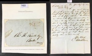 US # 1 HALE & CO HANDSTAMP USED 1844 STAMPLESS FOLDED LETTER CAT. $ LOT #1422
