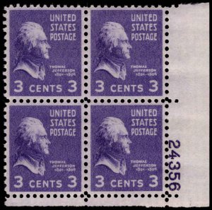 US #807 JEFFERSON MNH LR PLATE BLOCK #24356