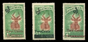 Liberia #O155-157 Cat$38.25, 1926-27 2c Surcharges, set of three, hinged