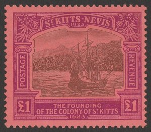 ST. KITTS-NEVIS 1923 Tercentenary £1 black & purple on red. MNH **. Rare.