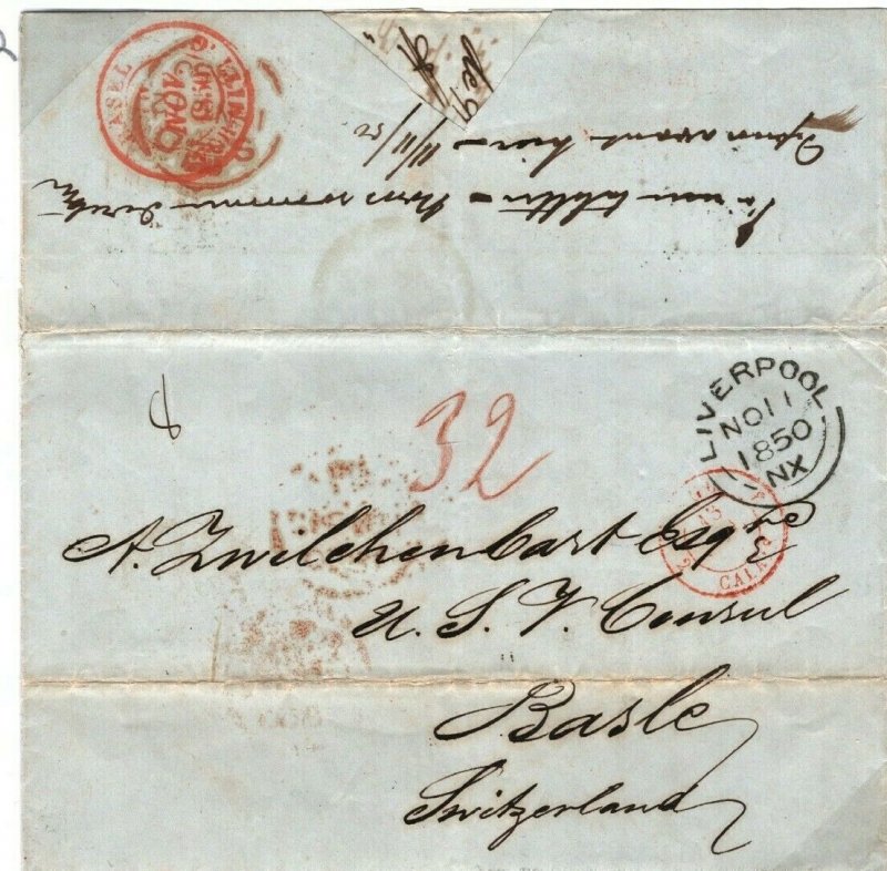 USA Transatlantic Cover FORWARDED Liverpool Switzerland US CONSUL EL 1850 46.2