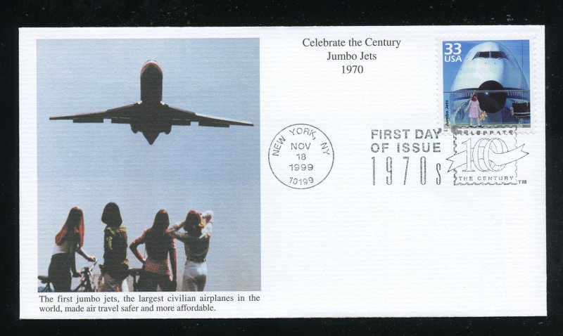 US 3189n Celebrate Century 1970s, Jumbo Jets UA Mystic cachet FDC