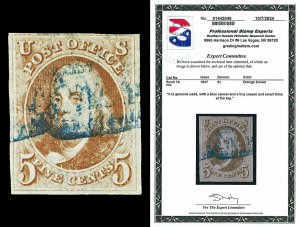 Scott 1b 1847 5c Orange Brown Franklin Used Fine+ Blue Cancel with PSE CERT