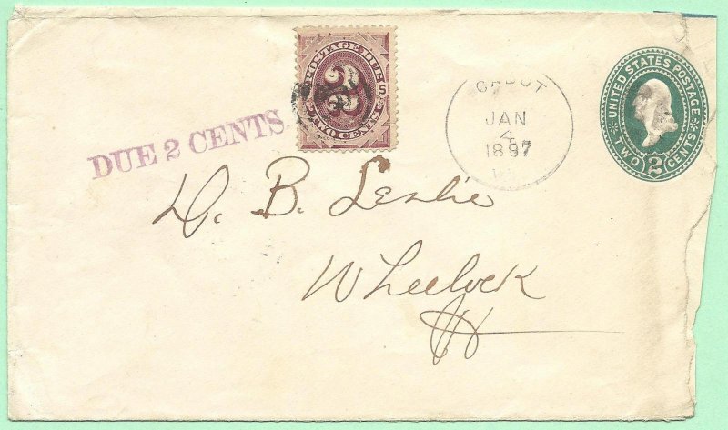 1/4/1897 cover Cabot VT 2c Postage Due sent to D. B. Leslie in Wheelock, VT DPO
