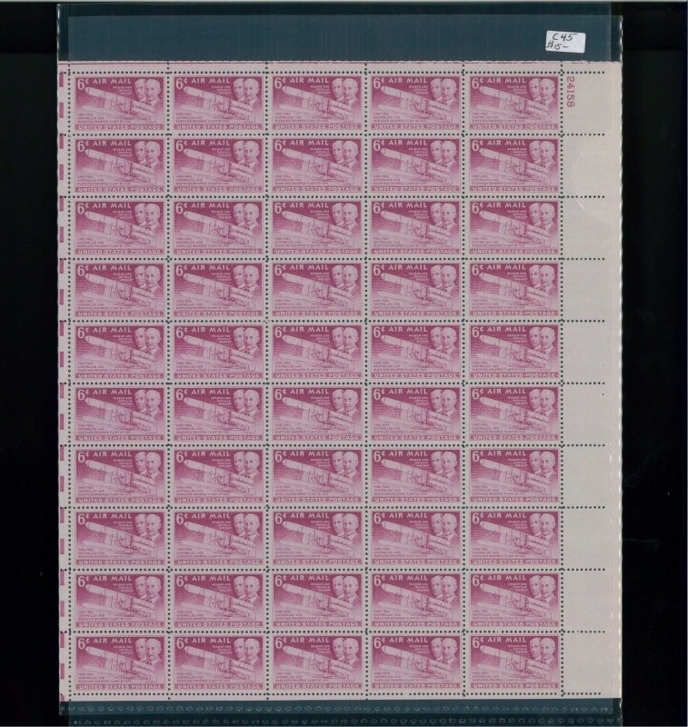 1949 United States Air Mail Postage Stamp #C45 Plate No. 24158 Mint Full Sheet