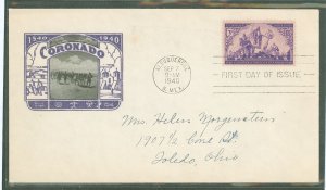 US 898 1940 3c 400th anniv of the Coronado Expedition on an addressed FDC with an Ioor cachet