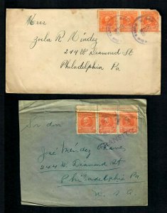 Lot3r Costa Rica  Covers Transit 1920s  2 strips of 3 5c and & Imprint to Penn.