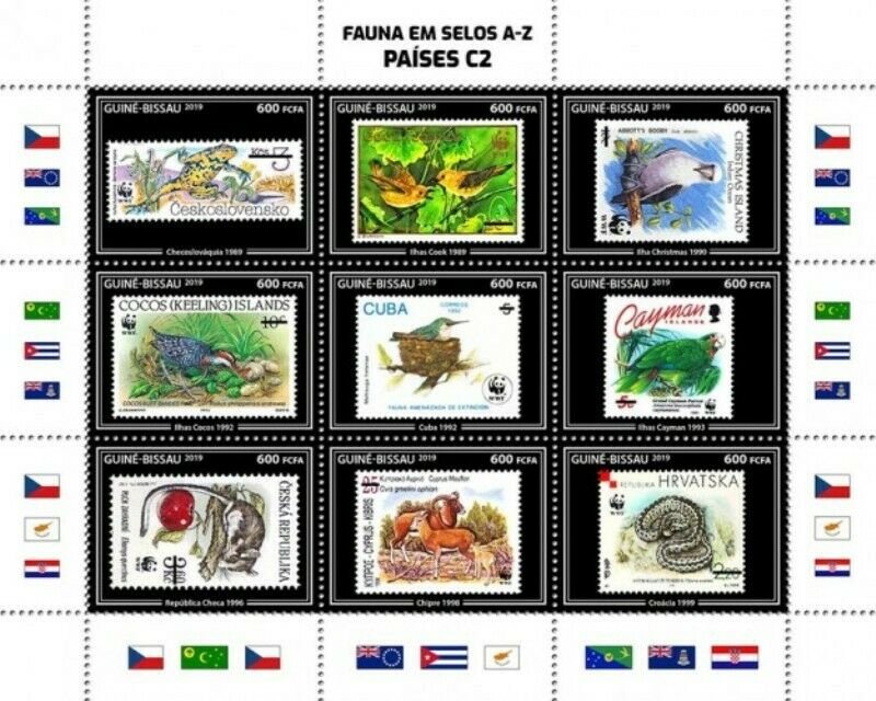 Guinea-Bissau - 2019 WWF Fauna Stamps on Stamps - 9 Stamp Sheet - GB190403a02