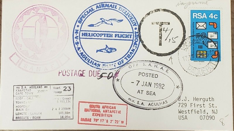 South Africa 1982 Antarctic Paquebot Helicopter Flight Postage Due To USA 