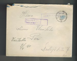 1940 Finland Army soldier Feldpost Stampless Cover to Pori Kentiposta