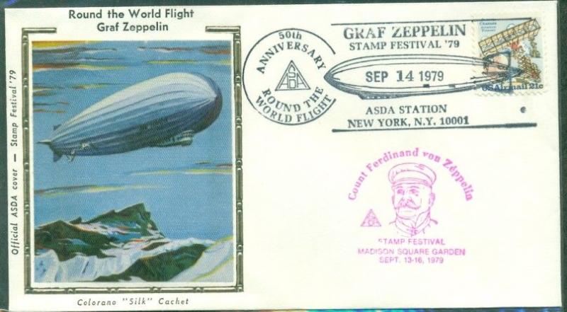 GRAF ZEPPELIN ROUND THE WORLD FLIGHT ANNIVERSARY COVER WITH SILK CACHET, VF