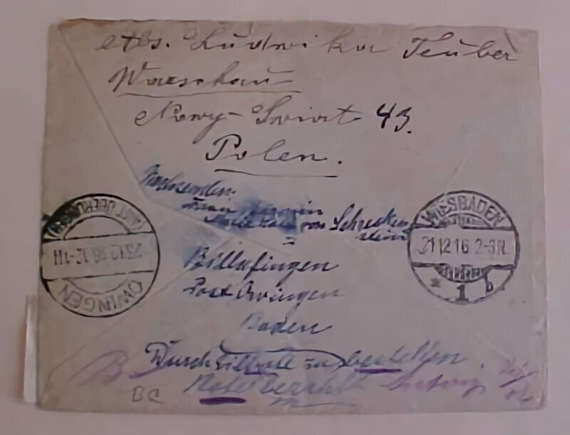 GERMAN  POLAND FORWARDED WITH GERMAN STAMPS 13 DEC 1916 WARSAW 21 DEC WIESBADEN