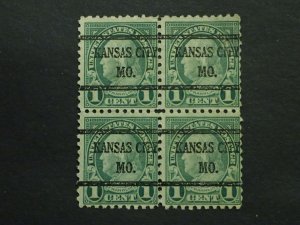 US Stamp Scott #578 1c Washington Block of 4 Fine. Kansas City Mo, Precanceled