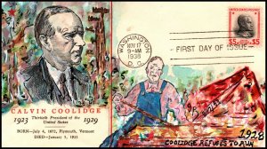 Scott 834 $5.00 Coolidge Melissa Geri Peltin Hand Painted FDC Add-On Unique?